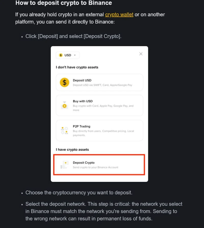 Binance Academy 充值資產與網路選擇提醒