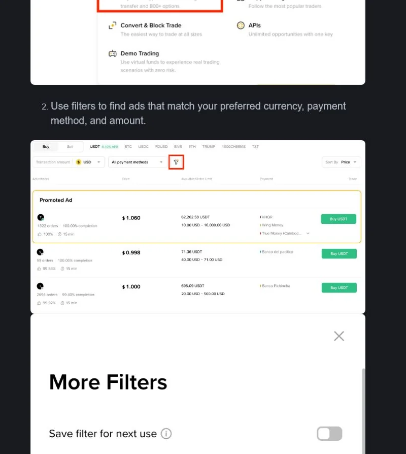 Binance Academy P2P 廣告列表與付款方式篩選畫面