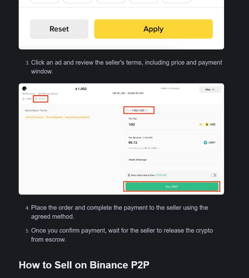 Binance Academy P2P 訂單條款、價格與付款時限畫面