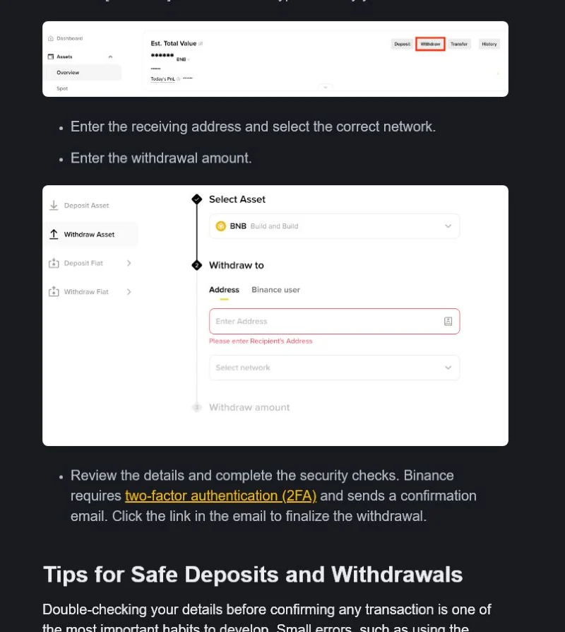 Binance Academy 提現地址、網路與 2FA 核對畫面